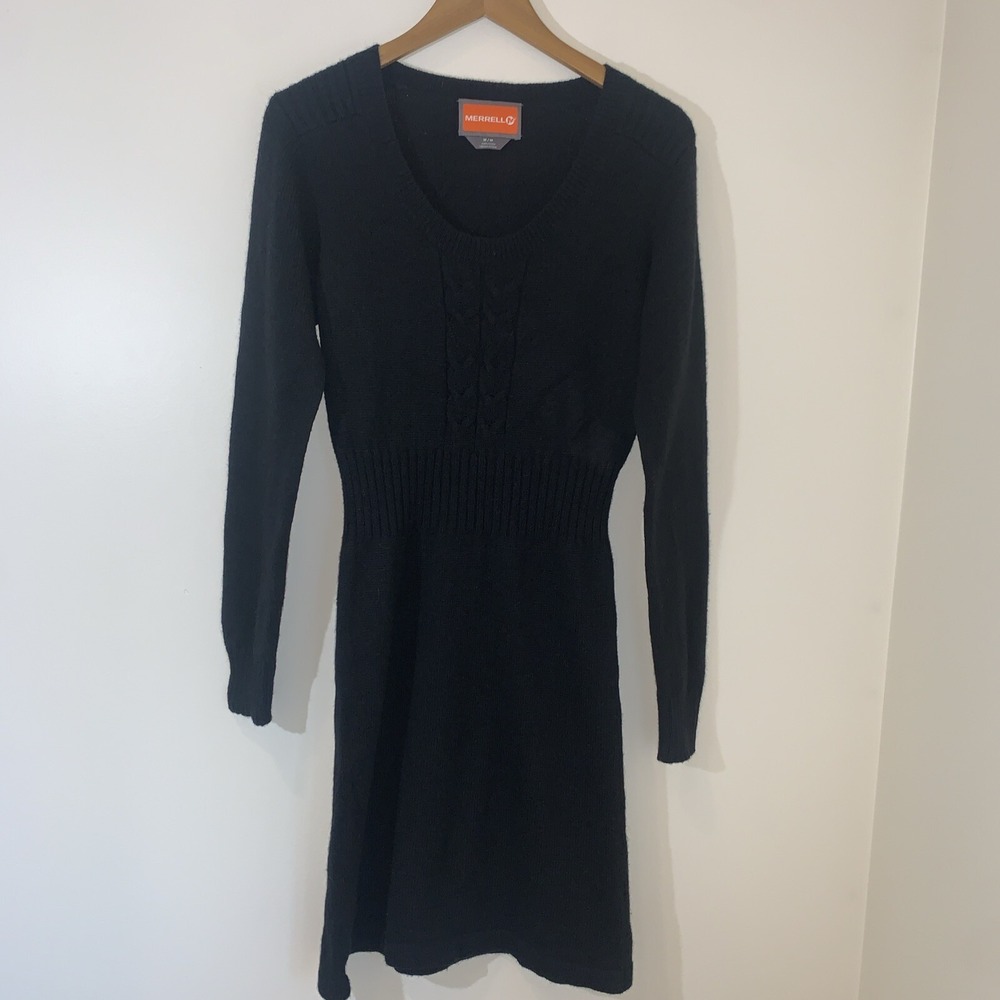Merrell Womens Sweater‎ Dress Medium Black Wool Blend Scoop Neck Ribbed Waist